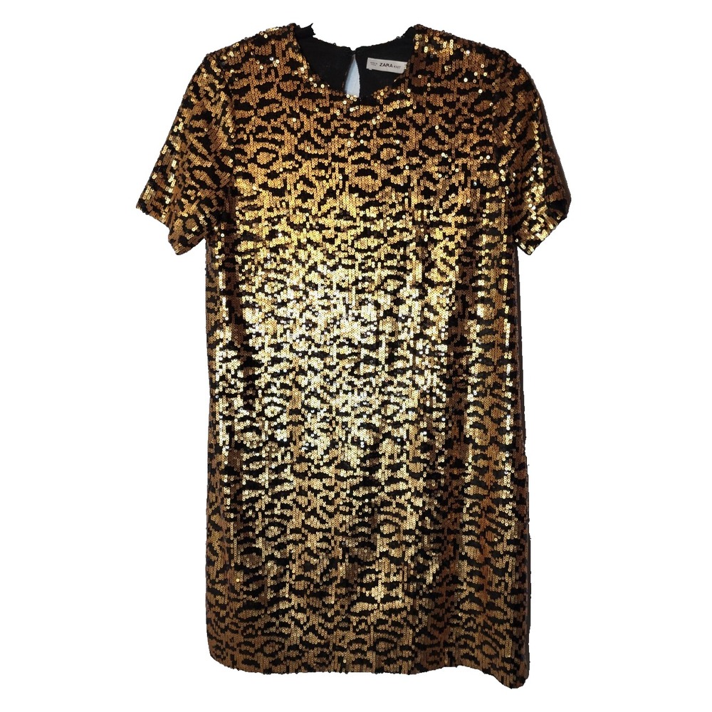 Zara Knit‎ Gold/Black Sequin Shift Dress Keyhole Back Short Sleeves Size Small